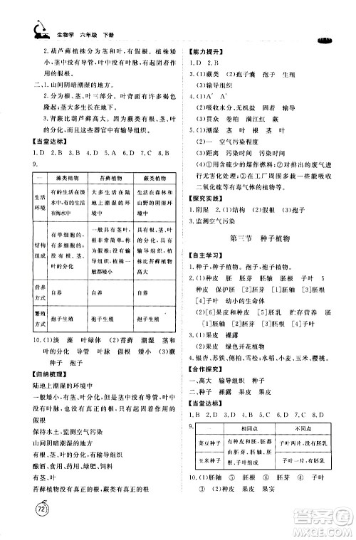 山东友谊出版社2021初中同步练习册生物学五四制六年级下册鲁科版答案