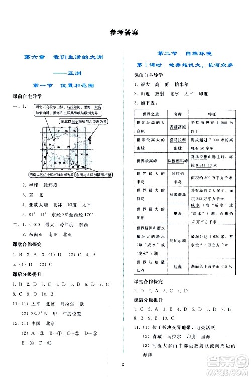 人民教育出版社2021同步轻松练习地理七年级下册人教版答案