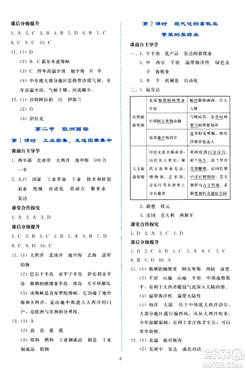 人民教育出版社2021同步轻松练习地理七年级下册人教版答案