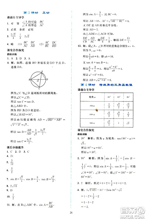 人民教育出版社2021同步轻松练习数学九年级下册人教版答案