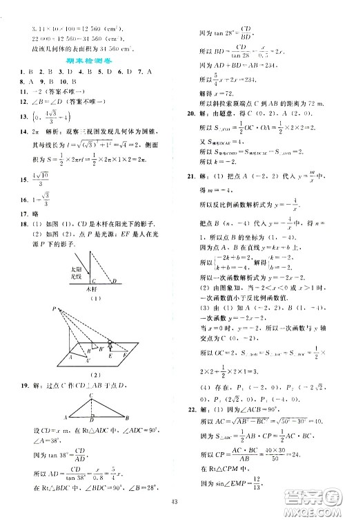 人民教育出版社2021同步轻松练习数学九年级下册人教版答案