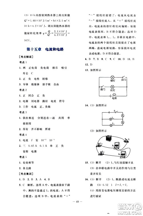 人民教育出版社2021同步轻松练习物理九年级总复习人教版答案