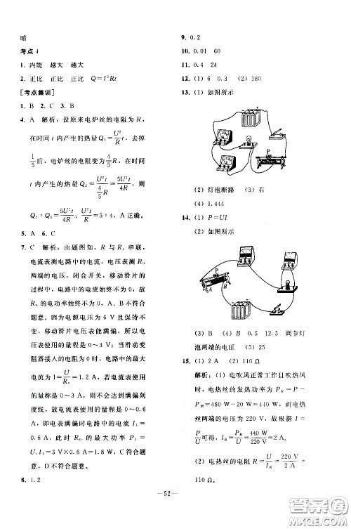 人民教育出版社2021同步轻松练习物理九年级总复习人教版答案