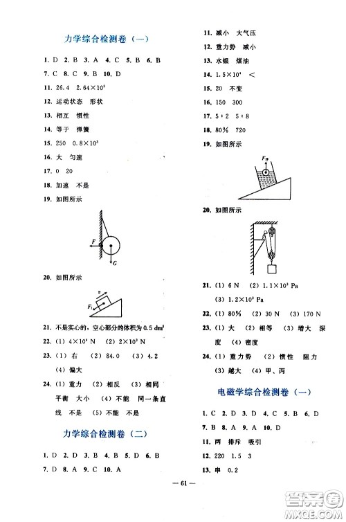 人民教育出版社2021同步轻松练习物理九年级总复习人教版答案