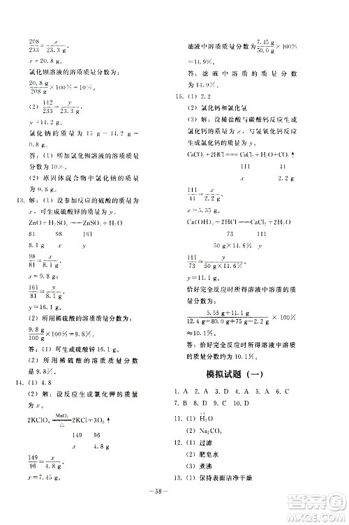 人民教育出版社2021同步轻松练习化学九年级总复习人教版答案