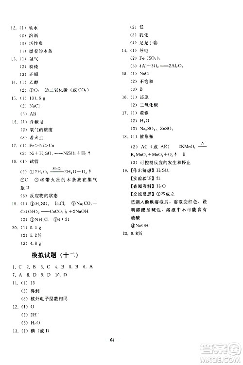 人民教育出版社2021同步轻松练习化学九年级总复习人教版答案