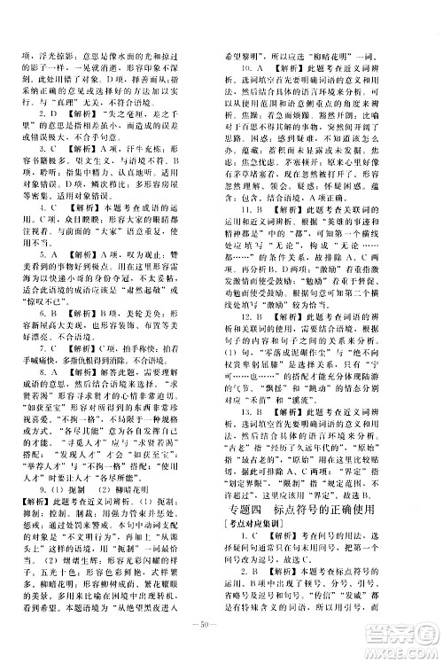 人民教育出版社2021同步轻松练习语文九年级总复习人教版答案