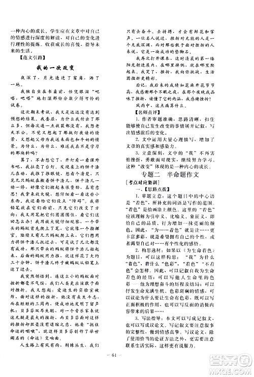 人民教育出版社2021同步轻松练习语文九年级总复习人教版答案