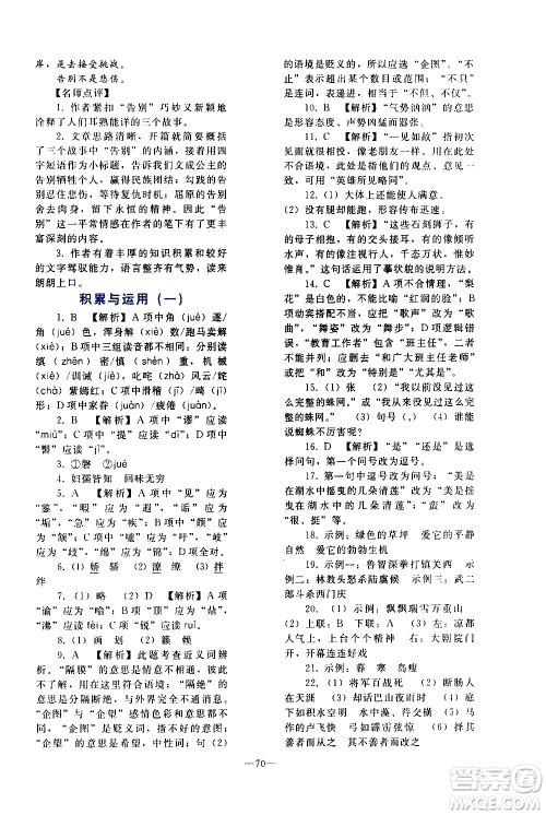 人民教育出版社2021同步轻松练习语文九年级总复习人教版答案