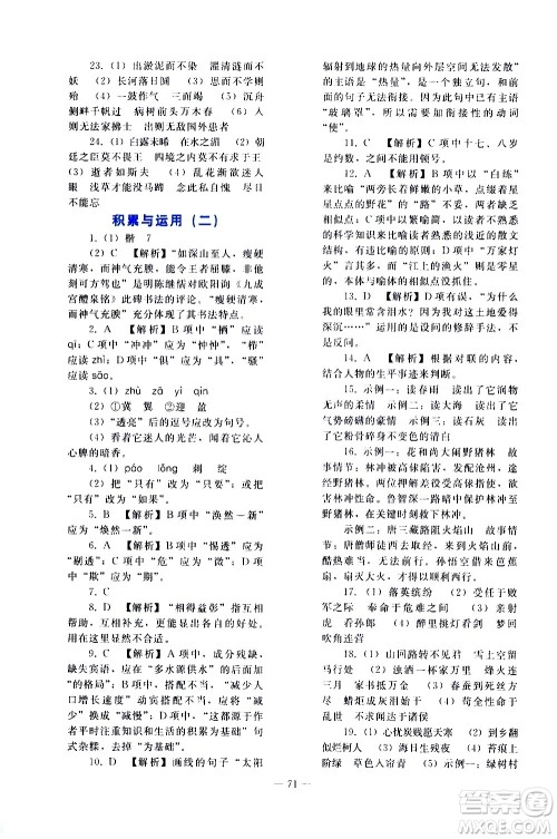 人民教育出版社2021同步轻松练习语文九年级总复习人教版答案