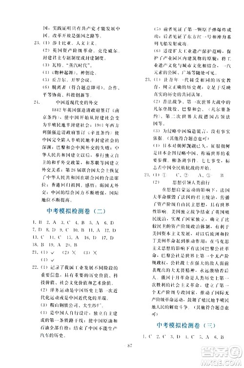 人民教育出版社2021同步轻松练习历史九年级总复习人教版答案