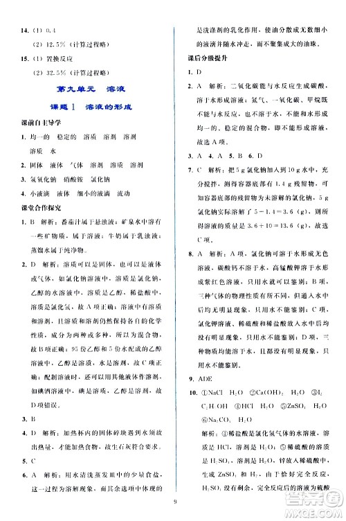 人民教育出版社2021同步轻松练习化学九年级下册人教版答案