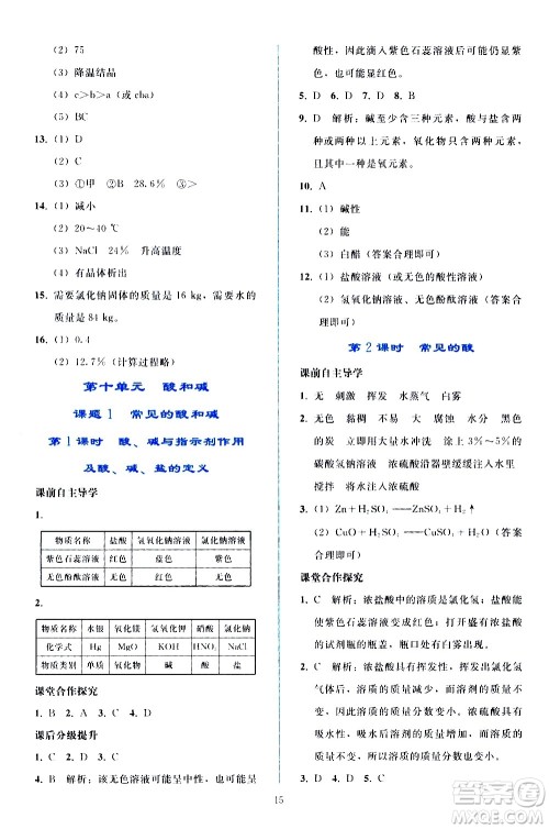 人民教育出版社2021同步轻松练习化学九年级下册人教版答案