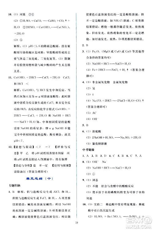 人民教育出版社2021同步轻松练习化学九年级下册人教版答案