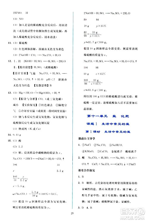 人民教育出版社2021同步轻松练习化学九年级下册人教版答案