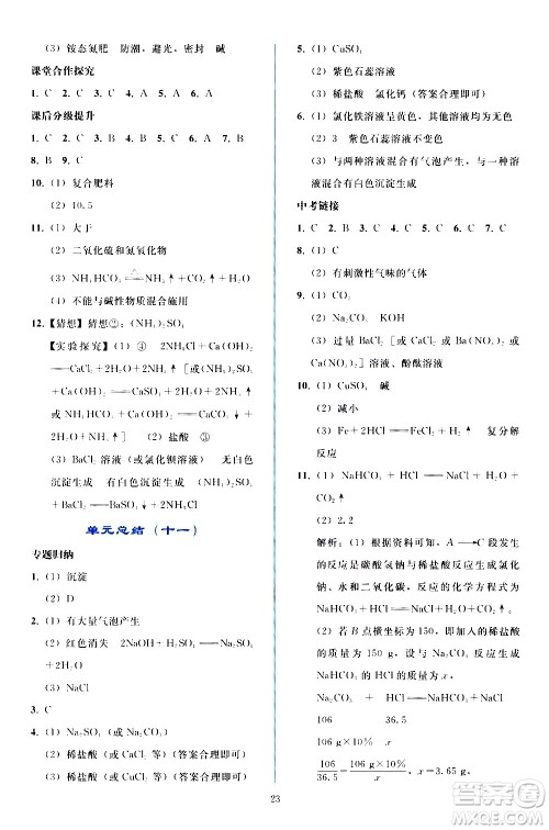 人民教育出版社2021同步轻松练习化学九年级下册人教版答案