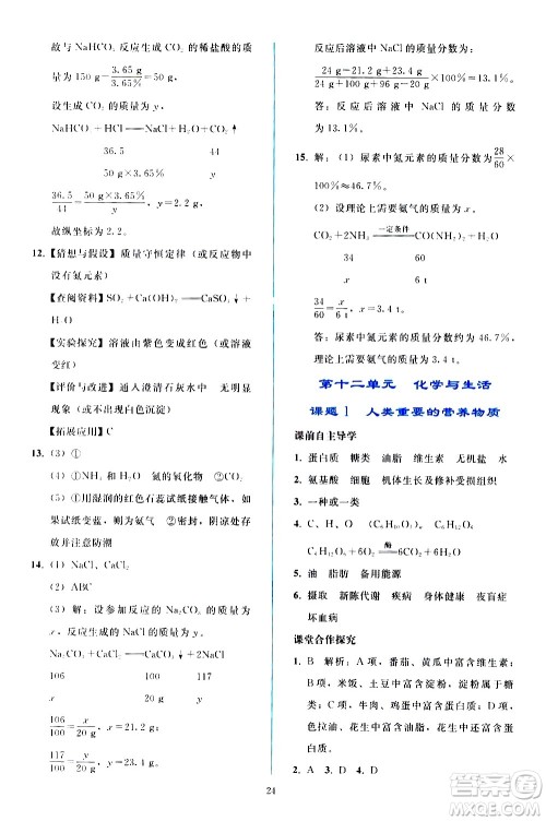 人民教育出版社2021同步轻松练习化学九年级下册人教版答案