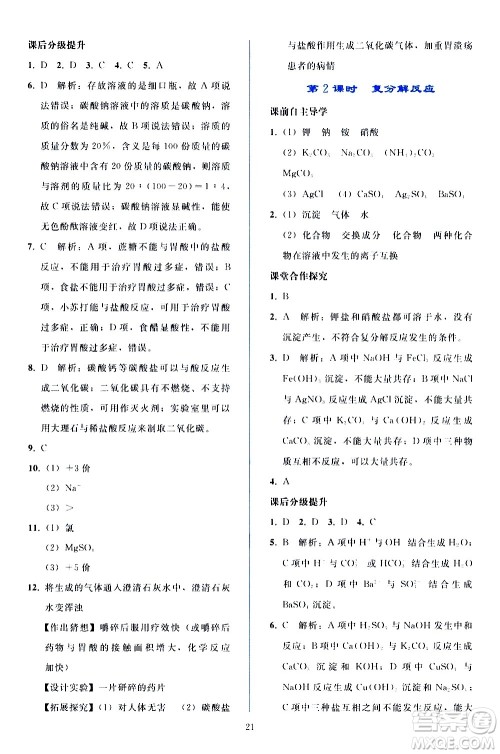 人民教育出版社2021同步轻松练习化学九年级下册人教版答案