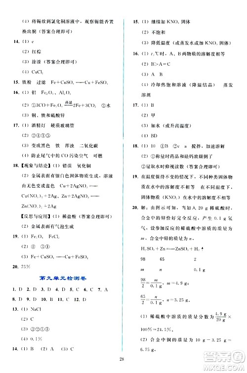 人民教育出版社2021同步轻松练习化学九年级下册人教版答案