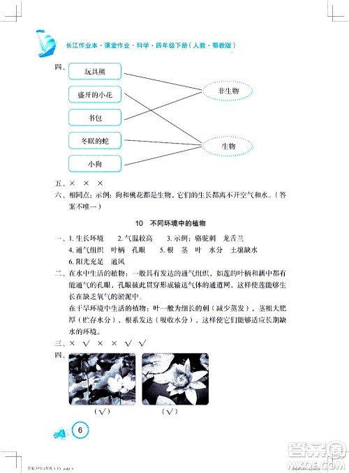 湖北教育出版社2021长江作业本课堂作业科学四年级下册人教鄂教版答案