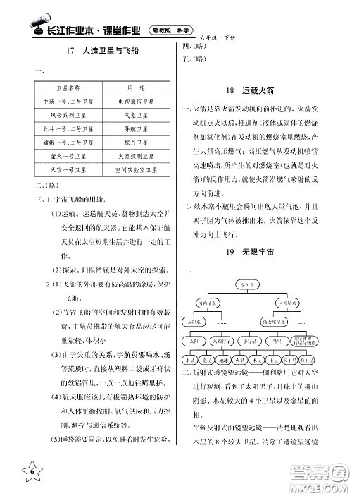 湖北教育出版社2021长江作业本课堂作业科学六年级下册鄂教版答案