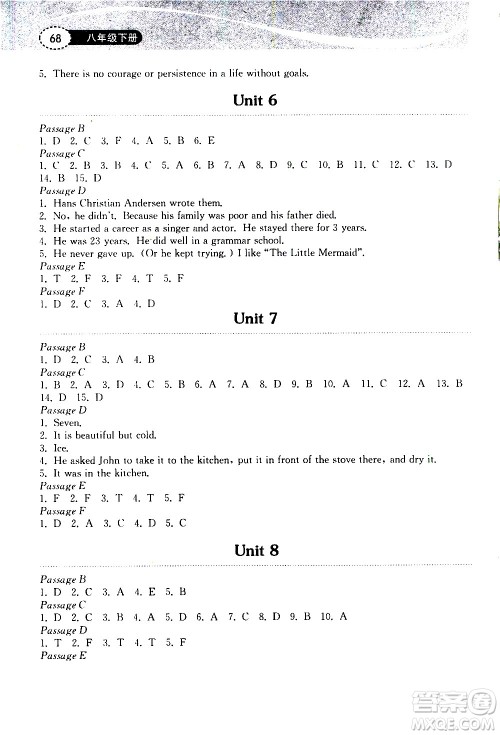 湖北教育出版社2021长江作业本初中英语阅读训练八年级下册人教版答案