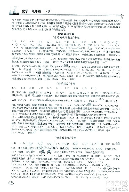 湖北教育出版社2021长江作业本同步练习册化学九年级下册人教版答案