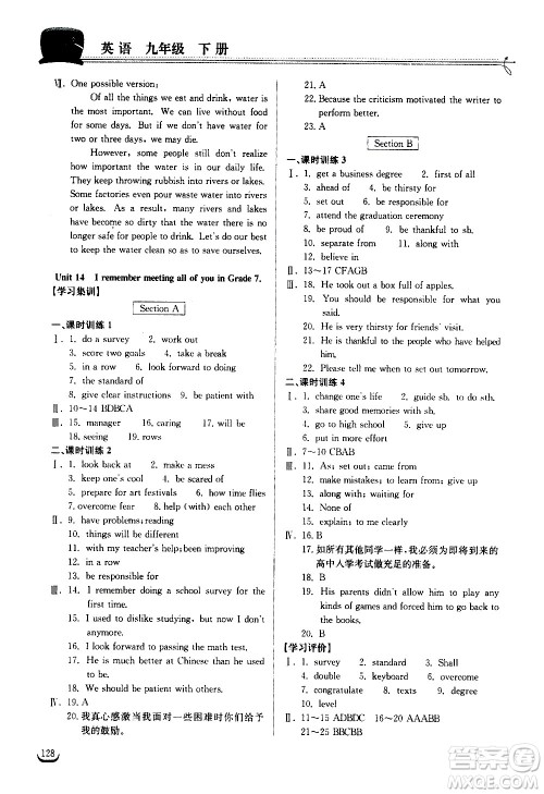 湖北教育出版社2021长江作业本同步练习册英语九年级下册人教版答案