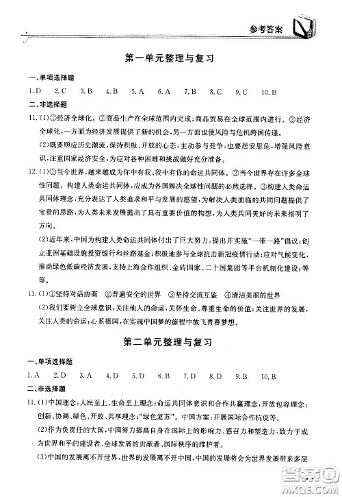 湖北教育出版社2021长江作业本同步练习册道德与法治九年级下册人教版答案