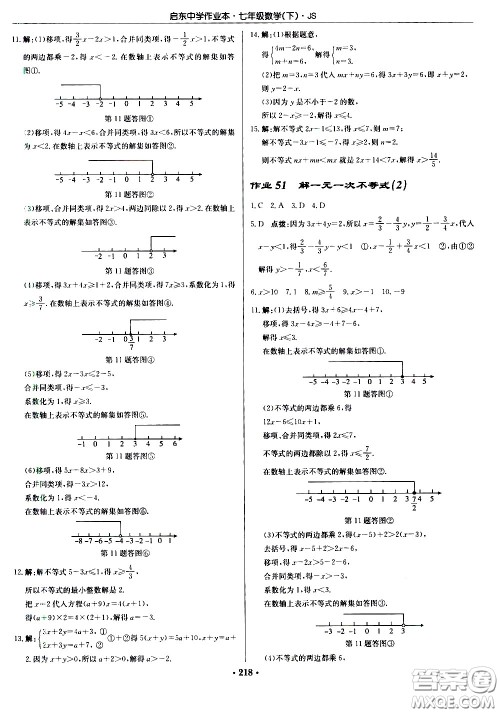 龙门书局2021启东中学作业本七年级数学下册JS苏教版答案