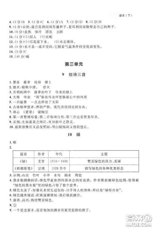 上海大学出版社2021钟书金牌上海作业四年级语文下册五四学制答案