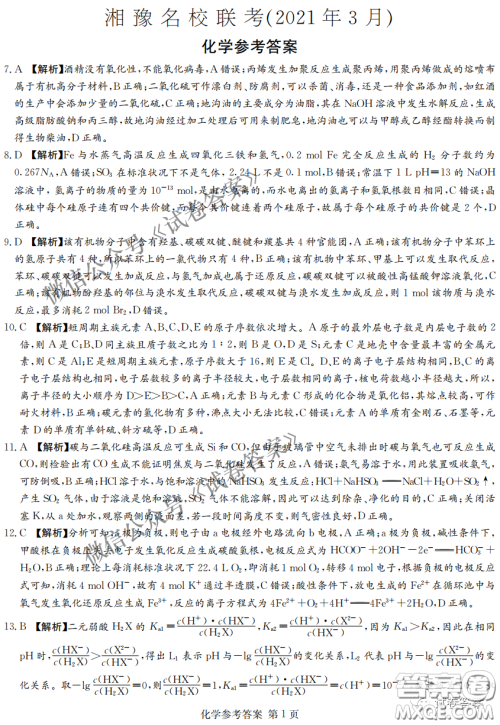 2021年3月湘豫名校联考高三理科综合试题及答案 2021年3月湘豫名校联考高三理科综合试题及答案