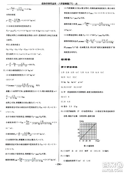 龙门书局2021启东中学作业本八年级物理下册JS苏教版答案