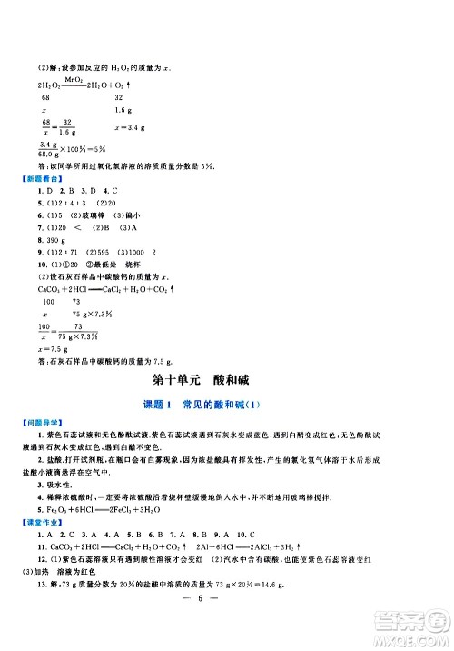 黄山书社2021启东黄冈作业本九年级下册化学人民教育版答案 黄山书社2021启东黄冈作业本九年级下册化学人民教育版答案