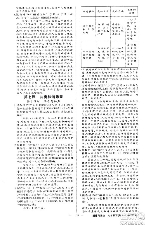 新疆青少年出版社2021原创新课堂道德与法治七年级下人教版答案