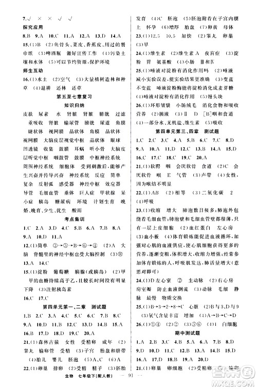 新疆青少年出版社2021原创新课堂生物七年级下人教版答案 新疆青少年出版社2021原创新课堂生物七年级下人教版答案