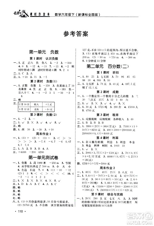 东南大学出版社2021名师点拨课时作业本数学六年级下新课标全国版答案