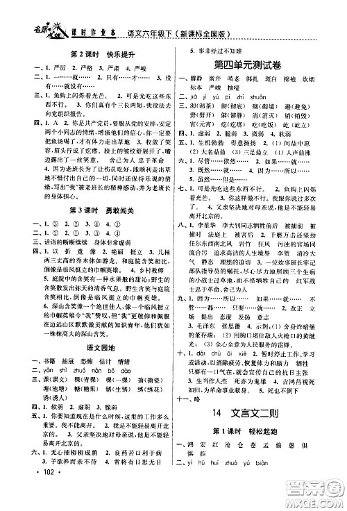 东南大学出版社2021名师点拨课时作业本语文六年级下新课标全国版答案