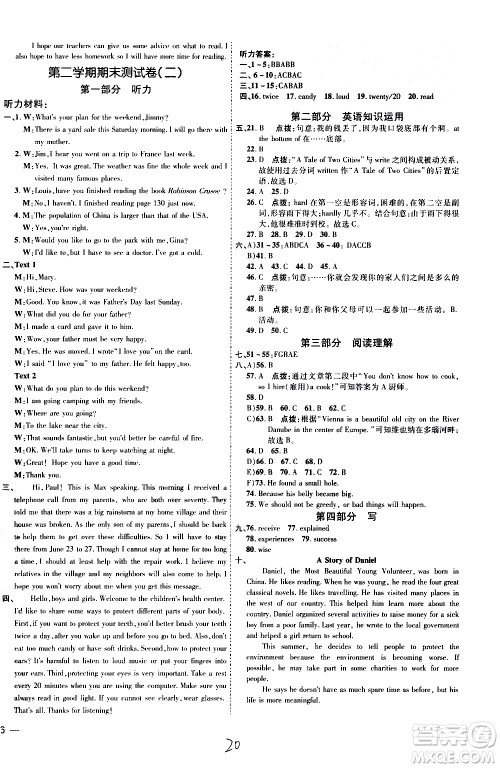 吉林教育出版社2021点拨训练八年级英语下YL译林版安徽适用答案