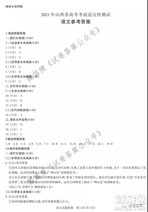 2021年山西省高考考前适应性测试语文试题及答案 2021年山西省高考考前适应性测试语文试题及答案