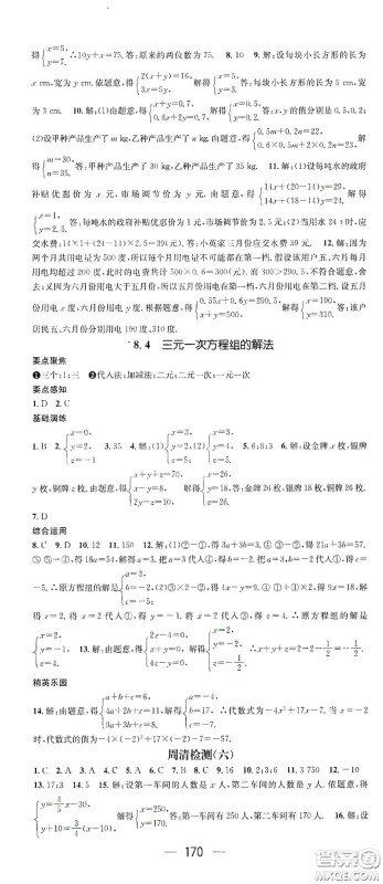 阳光出版社2021精英新课堂七年级数学下册人教版答案