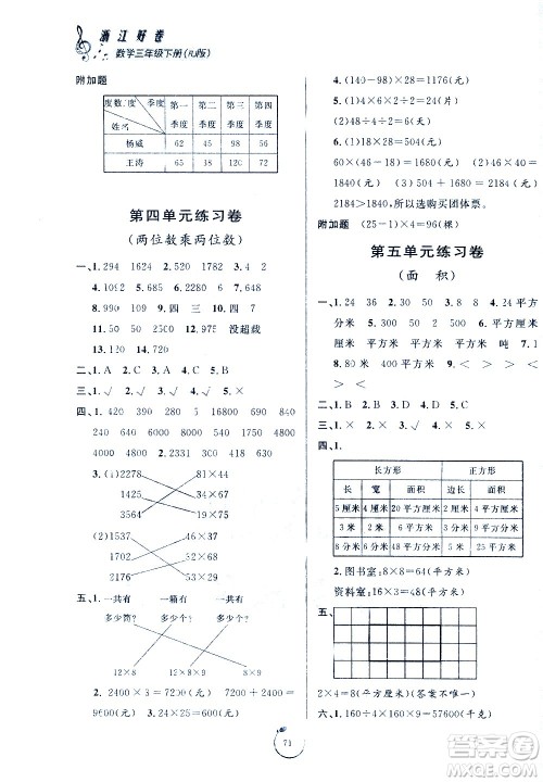 宁波出版社2021浙江好卷数学三年级下册RJ人教版答案