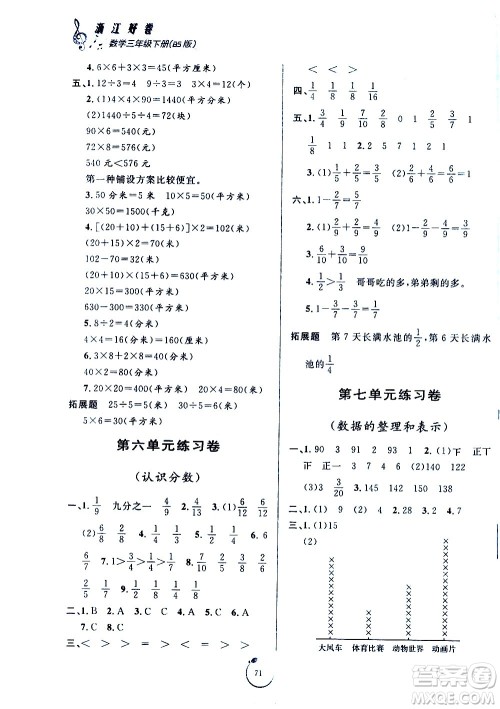 宁波出版社2021浙江好卷数学三年级下册BS北师大版答案