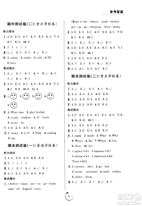 宁波出版社2021浙江好卷英语四年级下册PEP人教版答案