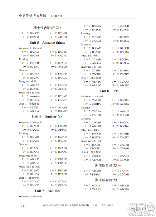 2021中学英语听力导航七年级下册答案