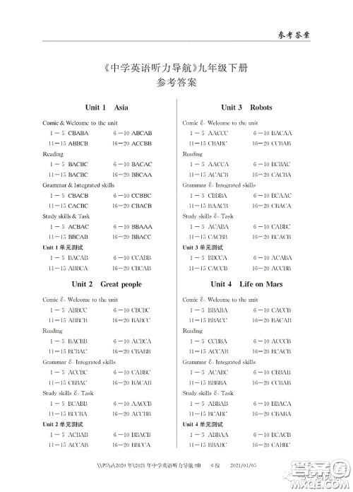 2021中学英语听力导航九年级下册答案