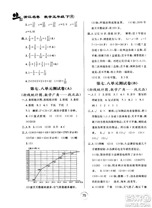 浙江大学出版社2021浙江名卷数学五年级下册R人教版答案