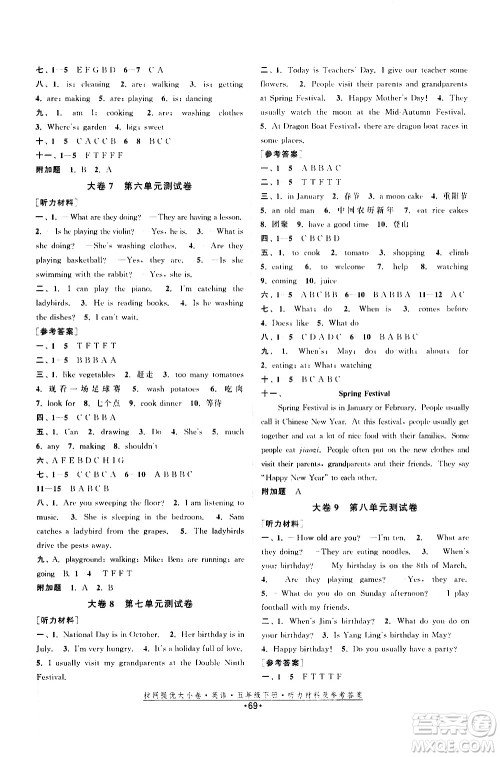 福建人民出版社2021拉网提优大小卷英语五年级下册YL译林版答案