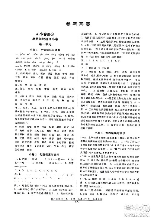 福建人民出版社2021拉网提优大小卷语文五年级下册人教版答案