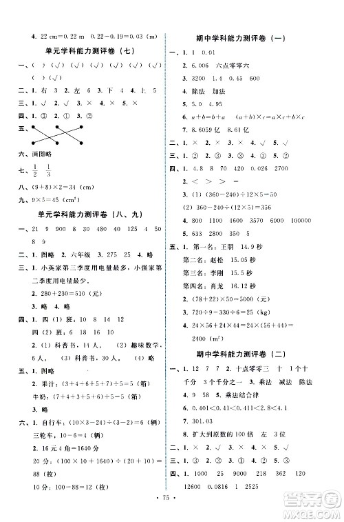 人民教育出版社2021能力培养与测试数学四年级下册人教版湖南专版答案 人民教育出版社2021能力培养与测试数学四年级下册人教版湖南专版答案